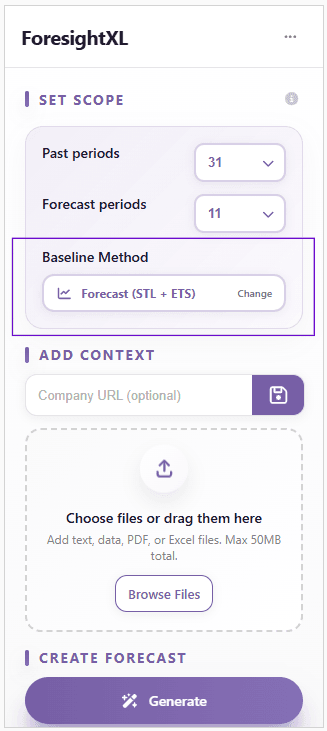 Baseline method selection options