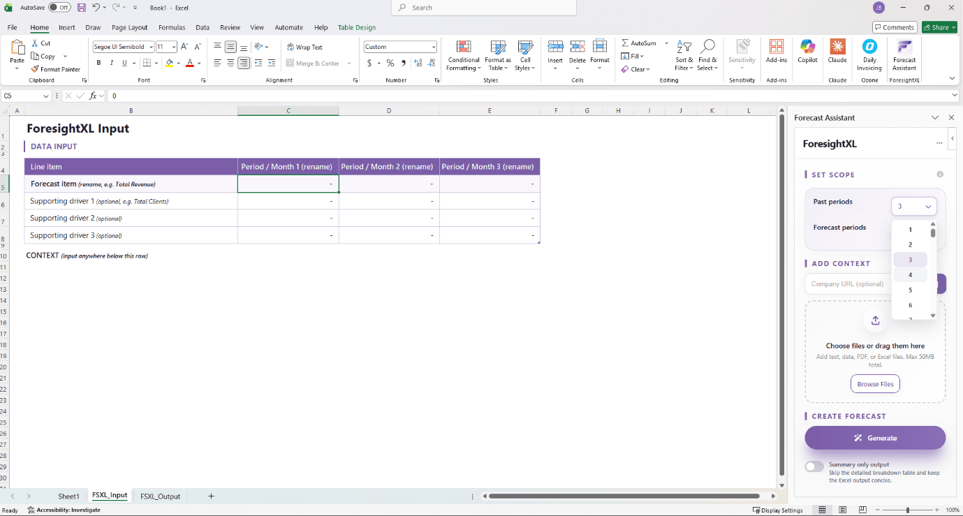 Set your forecast scope in the ForesightXL panel