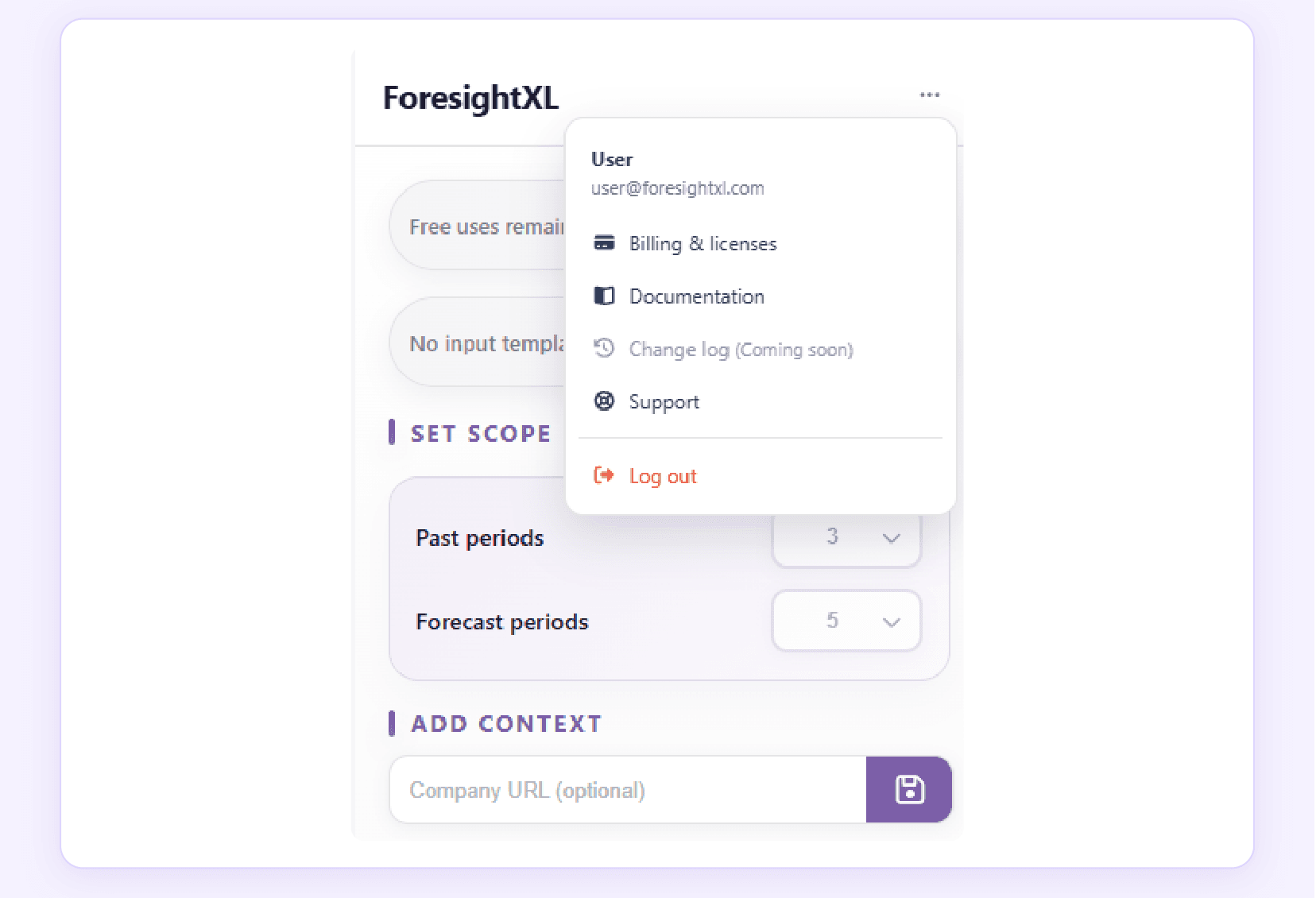 Account menu options