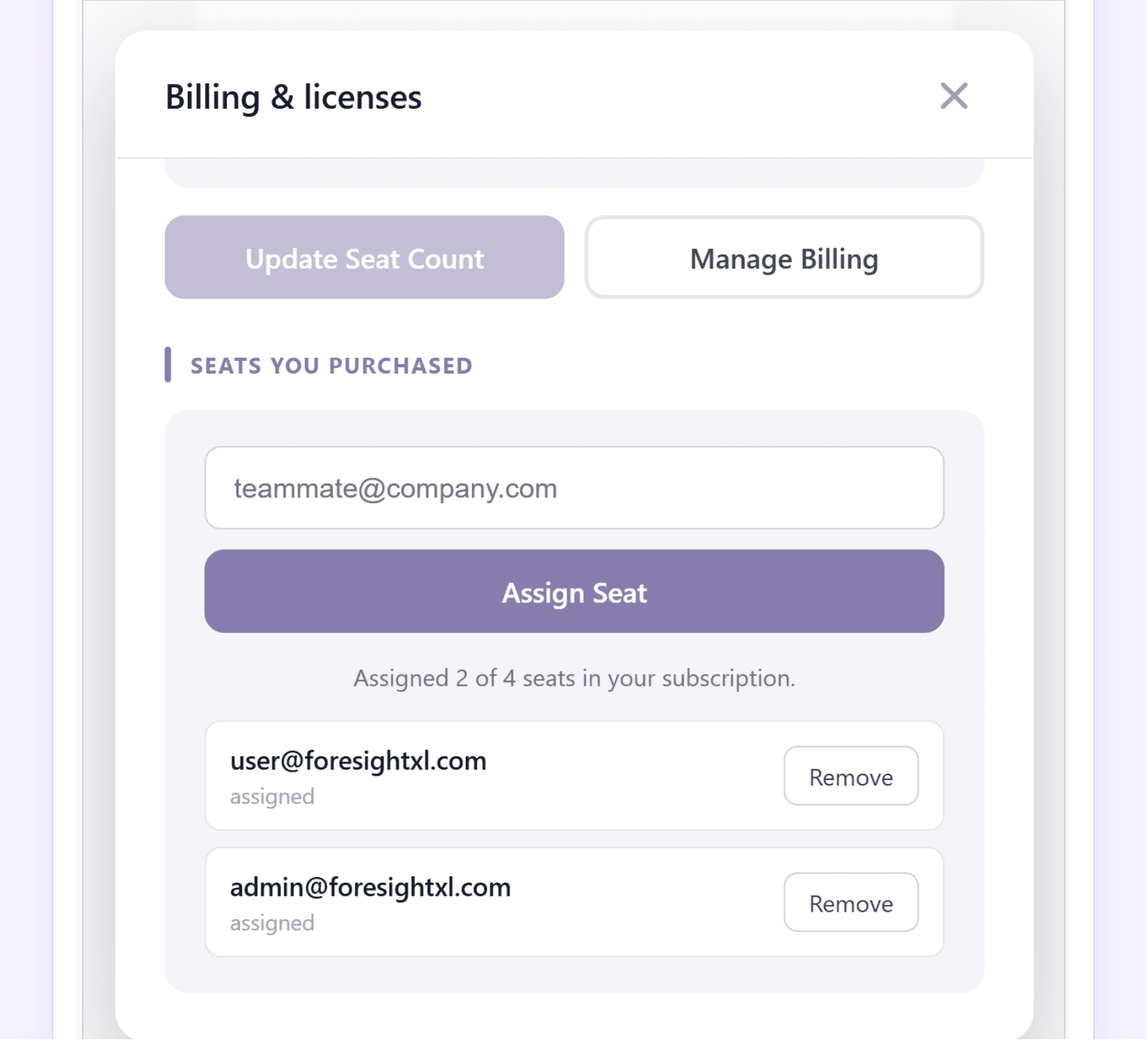 Seat assignment and billing portal