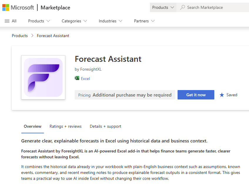ForesightXL Forecast Assistant listing on Microsoft Marketplace
